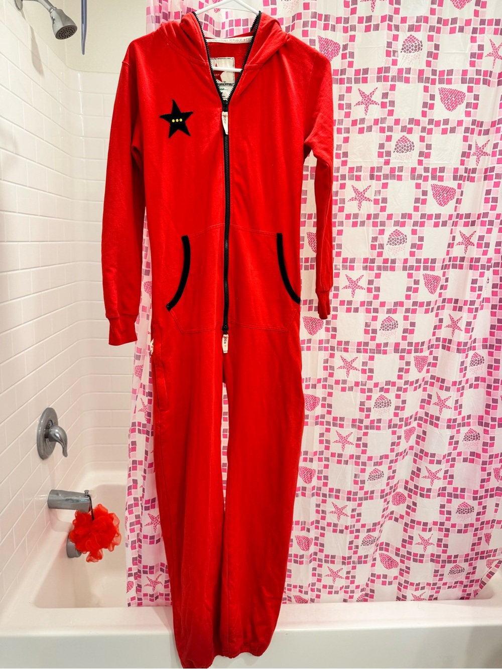 Red One-Piece Hooded Zip Jumpsuit with Star Accent